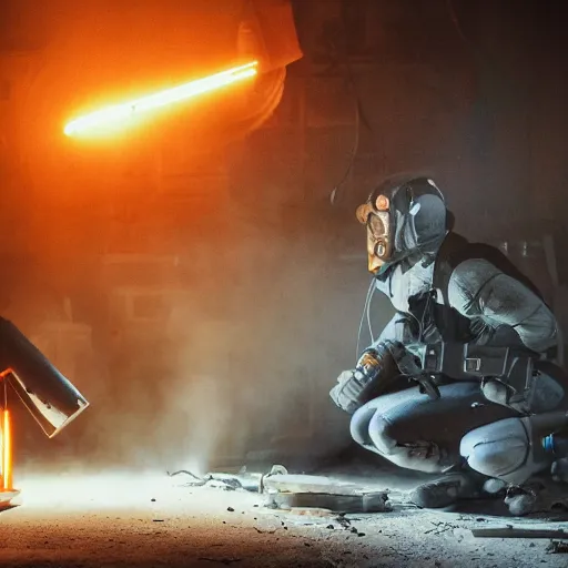 Image similar to cyborg with toaster oven chest, dark messy smoke - filled cluttered workshop, dark, dramatic lighting, orange tint, sparks, cinematic, highly detailed, sci - fi, futuristic, movie still