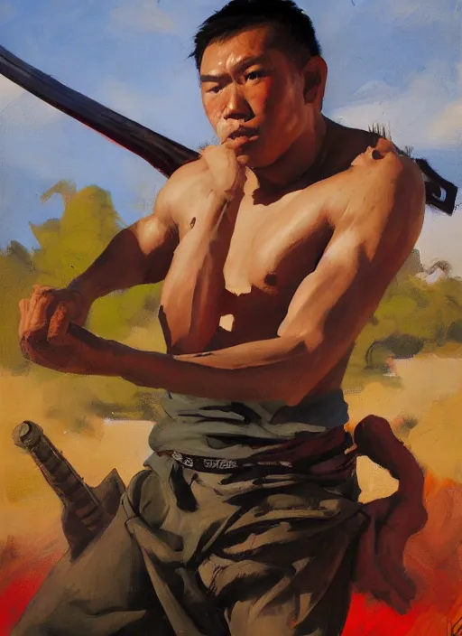 Image similar to greg manchess side portrait of a filipino mma fighter with a sword standing in front of a tank, organic painting, sunny day, matte painting, bold shapes, hard edges, street art, trending on artstation, by huang guangjian, gil elvgren, ruan jia, randy vargas, greg rutkowski