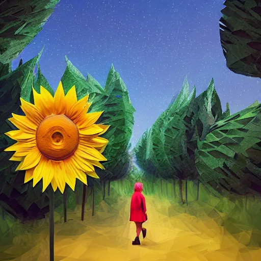 Image similar to low poly, pixar, giant sunflower as a face, girl walking between big trees, hills, surreal photography, dark night, star trails, dramatic light, impressionist painting, clouds, digital painting, artstation, simon stalenhag