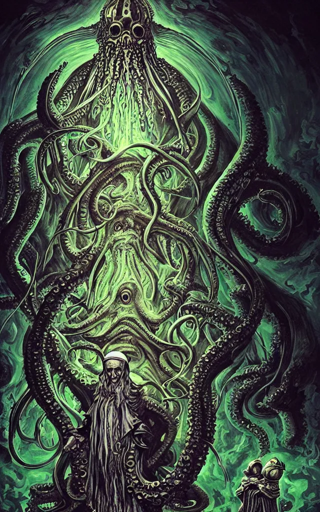 Prompt: pope priest in front of a cthulhu within a viscosity fluid lovecraft portal artwork by android jones, smooth lighting, detailed