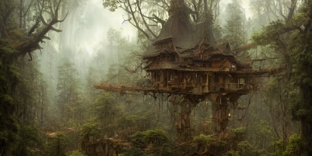 Image similar to a suspended village built with wood and bridges high up a dense forest with many giant tall and large trees, ultra detailed, concept art, game art, matte painting, by tomasz alen kopera and peter mohrbacher, and michel - ange, artstation 8 k, greg rutkwowski, alphonse mucha, studio ghibli, wlop