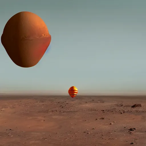 Prompt: a hybrid of monkey with an extraterrestrial, landing in mars in a multi color hot air balon, by francis bancon