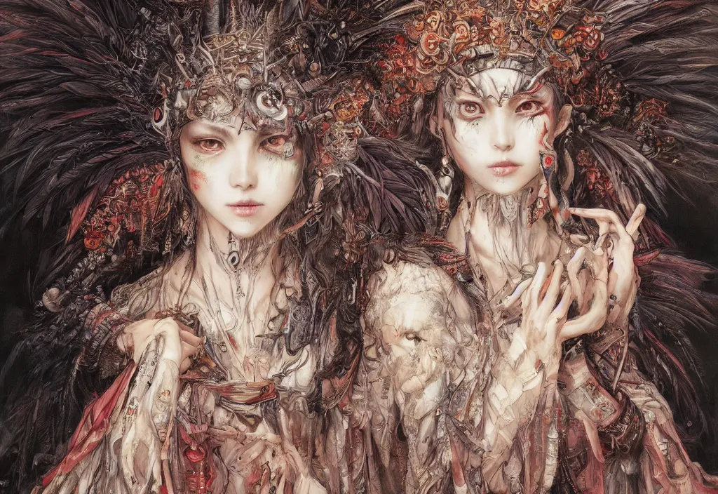 Prompt: breathtaking detailed painting of full size mononoke hime, by ayami kojima and brom, gauze angel dress, detailed realistic facial features, amalgamation of embers and feathers, 8 k, concept art, matte, sharp focus, rembrandt style