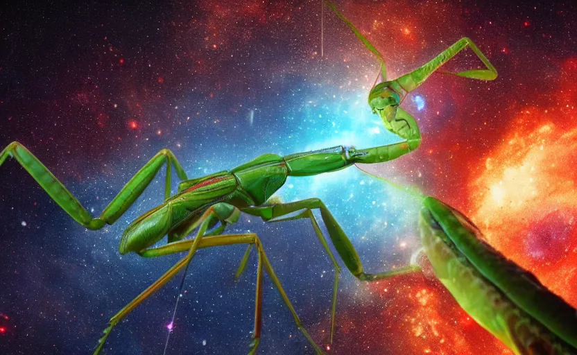 Image similar to inter dimensional sci - fi praying mantis far future, travelling across the stars, cosmos, galaxy, 8 k