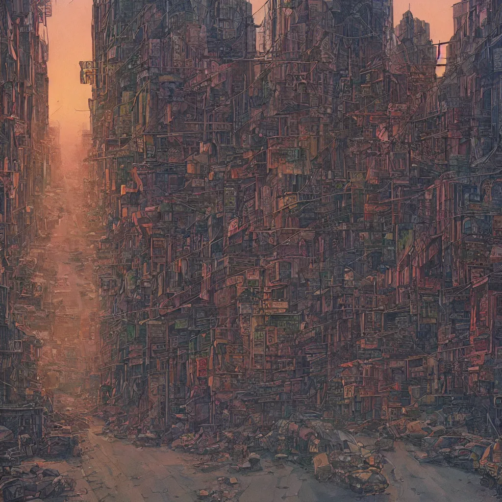 Image similar to desolate dhaka city street in the style of Jean Giraud Moebius, 4K