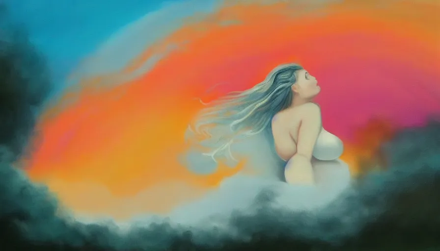 Prompt: painting of a beautiful curvy woman who looks like a cloud, realistic, detailed, orange / pink sky, dreamy