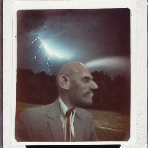 Image similar to old polaroid of a bald guy in the rain while a lighting strike hits his head