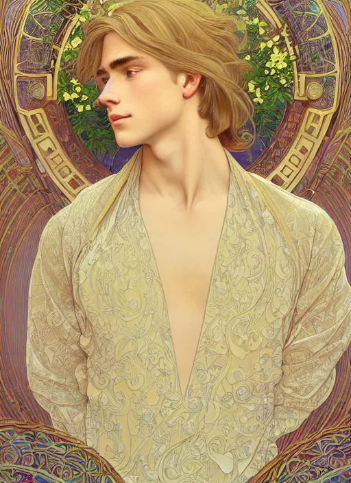 Image similar to pretty young man with shoulder length shiny shimmering golden blond hair, half body shot, emotional, decorative flower patterned background, path traced, highly detailed, high quality, digital painting, by studio ghibli and alphonse mucha, leesha hannigan, hidari, disney, jules bastien - lepage, art nouveau