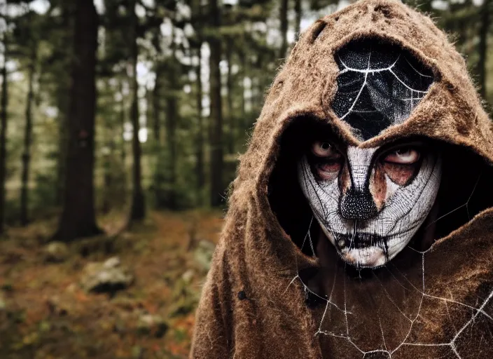 Prompt: character and environment photography, portrait shamanistic infested anthropomorphic 2 0 - year - old male druid, animalistic, tattered spiderweb hood and robe, reflective eyes, infested bear standing, medium shot, wide angle, 2 0 0 px, low key