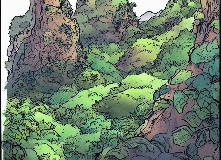 Prompt: illustration of a lush canyon landscape, (inktober), line art, ((water color)), by Bill Waterson, By Jake Parker, by Brian Kesinger