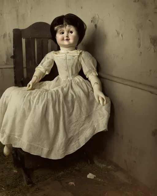 Prompt: portrait of a creepy smiling antique porcelain doll with white eyes wearing a dirty dress with long wet black hair sitting in a rocking chair next to a child’s bed in a dimly lit filthy room in an abandoned old asylum at night, 8k octane render, cinematic, dramatic lighting, volumetric lighting, Craig Mullins, vintage photo, 1890