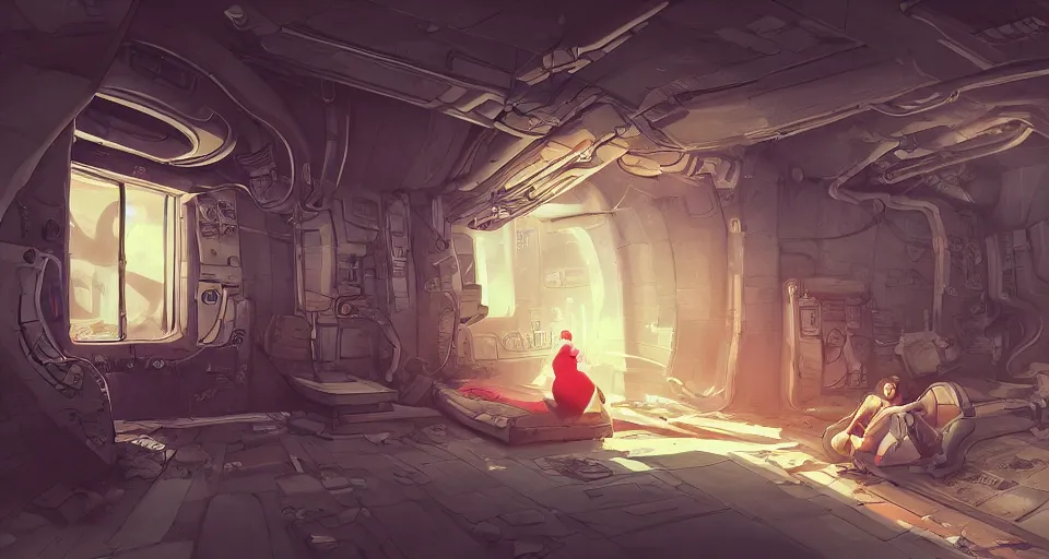 Image similar to A beautiful artwork illustration, level design, third person, an escape room in a small, cramped space ship, featured on artstation, wide angle, horizontal orientation