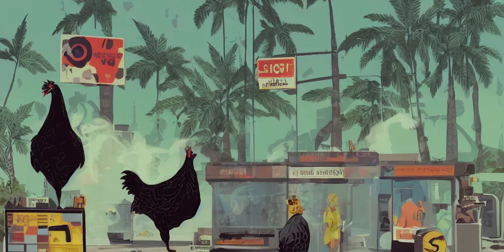 Image similar to 'black chicken!!!' smoking 'cannabis'!!!!!! in front of multi monitors broadcasting studio, artwork by James Gilleard