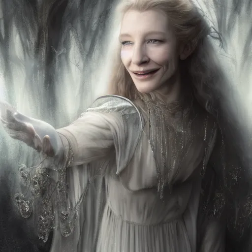 Prompt: portrait of ((mischievous)), baleful, young (Cate Blanchett) as Galadriel with a smile as a queen of fairies, dressed in a beautiful silver dress. The background is a dark, creepy eastern europen forrest. lumnious, photorealistic, dreamlike, (mist filters), theatrical, character concept art by ruan jia, John Anster Fitzgerald, thomas kinkade, and trending on Artstation