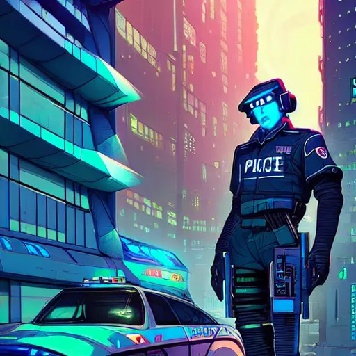 Prompt: A cyberpunk policemen cyborg on the street of a cyberpunk city art by Josan Gonzalez, sci-fi, highly detailed, digital painting, artstation, smooth, sharp focus, illustration, concept art by Josan Gonzalez and James Gurney and Mœbius