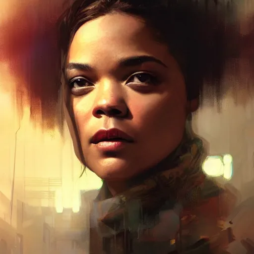 Image similar to tessa thompson, hyperrealistic portrait, bladerunner street, art of elysium by jeremy mann and alphonse mucha, fantasy art, photo realistic, dynamic lighting, artstation, poster, volumetric lighting, very detailed face, 4 k, award winning