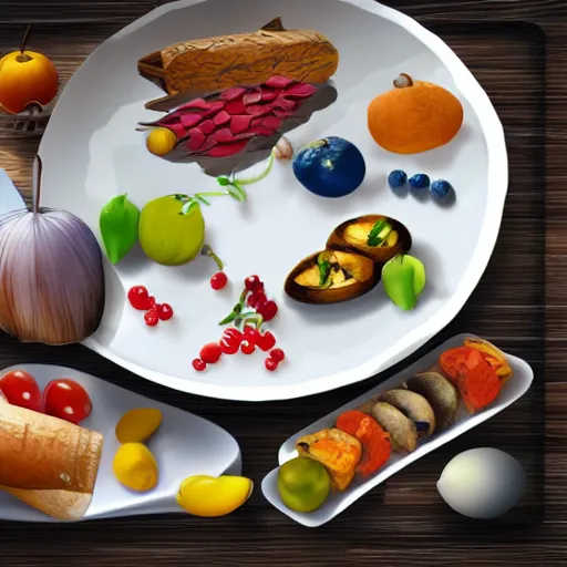 Image similar to a plate of random food on the table, realistic,