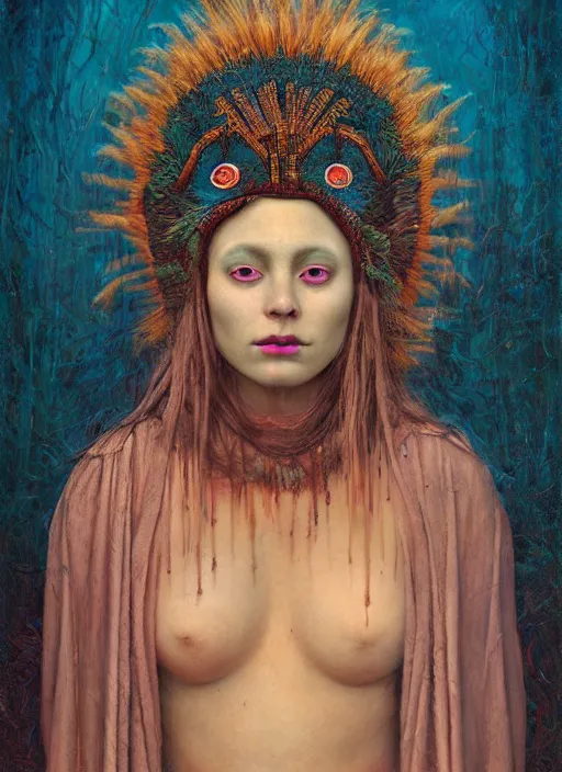 Image similar to Ayahuasca tripping cult magic psychic woman, subjective consciousness psychedelic, occult ritual, dark witch headdress, oil painting, robe, symmetrical face, greek dark myth, by John William Godward, Sean yoro, Anna Dittman, masterpiece