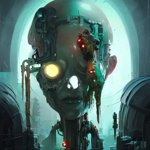 Prompt: portrait of a horrific cybernetic zombie, cyberpunk concept art by pete mohrbacher and artgerm and wlop and greg rutkowski and deathburger, digital art, highly detailed, intricate, sci-fi, sharp focus, Trending on Artstation HQ, deviantart, unreal engine 5, 4K UHD image