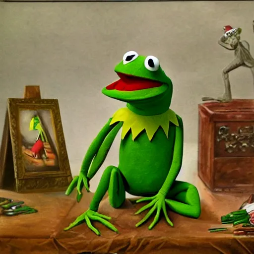 Image similar to Painting of Kermit the Frog from Sesame Street fighting in the Revolutionary War. Painting is in the style of Don Troiani.