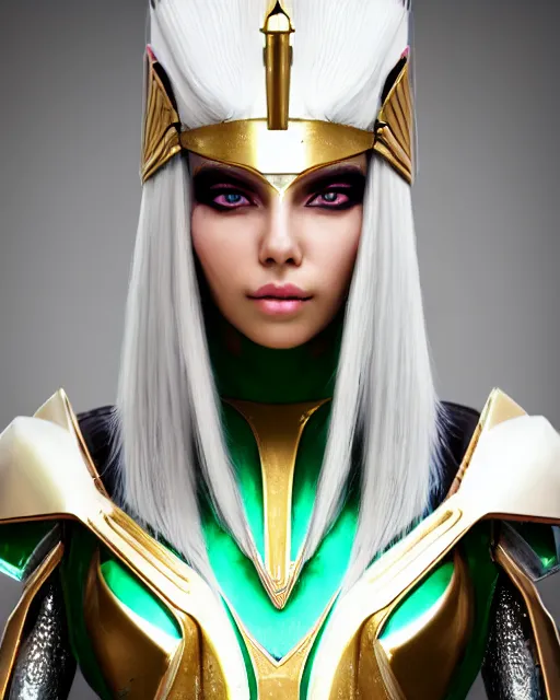 Image similar to perfect white haired attractive egyptian goddess, warframe armor, pharaoh headdress, beautiful, symmetric, dreamy, half asian, pretty face, green eyes, charlize theron, detailed, scifi platform, laboratory, experiment, 4 k, ultra realistic, epic lighting, android body, illuminated, cinematic, masterpiece, art by akihito tsukushi, voidstar