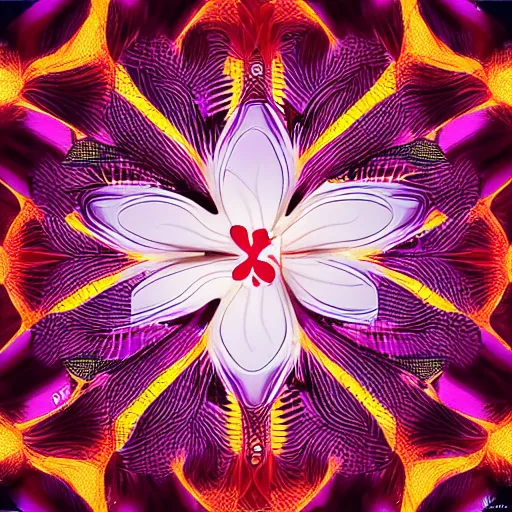 Image similar to mechanical, geometric, cybertronic hibiscus flower, glowing