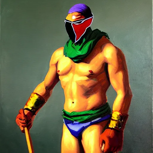 Image similar to an oil painting of Vega from street fighter wearing his mask in the style of Frederic Remington