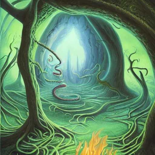 Prompt: a beautiful matte painting of an eldritch horror emerging out of an evil flaming and smoking portal into a lush forest, art by kelly freas and joe sorren, f 1 6, trending on artstation