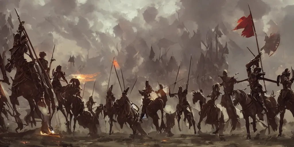 Image similar to army of powerful medieval knights holding spears and flags on horses by makoto shinkai, fire emblem, anime, nier automata environment concept artstyle, greg rutkowski and krenzcushart