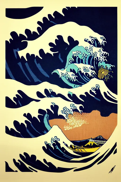 Image similar to Shepard Fairey The Great Wave off Kanagawa, sun in the background