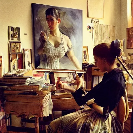 Image similar to extraordinary portrait : mata hari in checked shirt, modern hairstyle, blonde, in her art studio. precise detail. art by anders zorn, wonderful masterpiece by greg rutkowski, beautiful cinematic light, american romanticism by greg manchess, jessica rossier