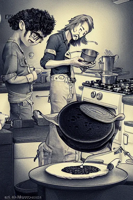 Image similar to arlo guthrie making pancakes, animation pixar style, by pendleton ward, magali villeneuve, artgerm, rob rey and kentaro miura style, golden ratio, trending on art station