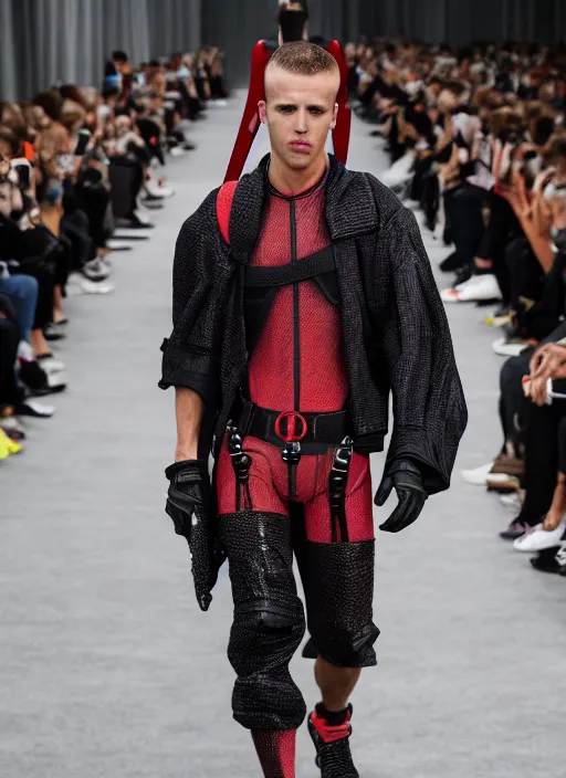 Image similar to hyperrealistic and heavy detailed balenciaga runway show of deadpool, leica sl 2 5 0 mm, vivid color, high quality, high textured, real life