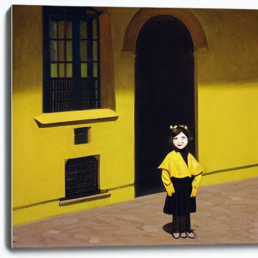 Image similar to a painting of a little girl with short black hair and wearing a yellow coat alone in the inner courtyard of an abbey by hopper and de chirico