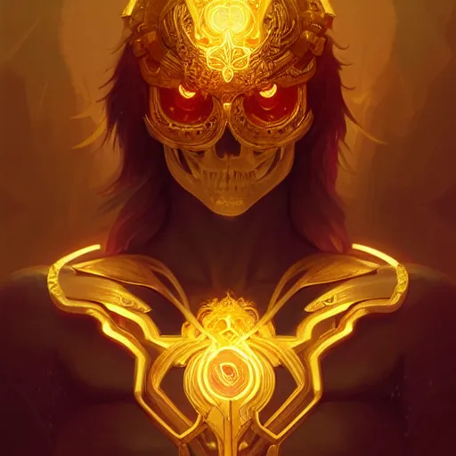Prompt: symmetry!! portrait of golden! skull warrior, glowing eyes!! intricate, elegant, highly detailed, digital painting, artstation, concept art, smooth, sharp focus, illustration, art by artgerm and greg rutkowski and alphonse mucha