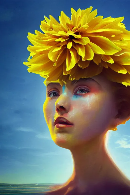 Image similar to closeup girl with huge yellow dahlia flower face, on the beach, surreal photography, blue sky, sunrise, dramatic light, impressionist painting, digital painting, artstation, simon stalenhag