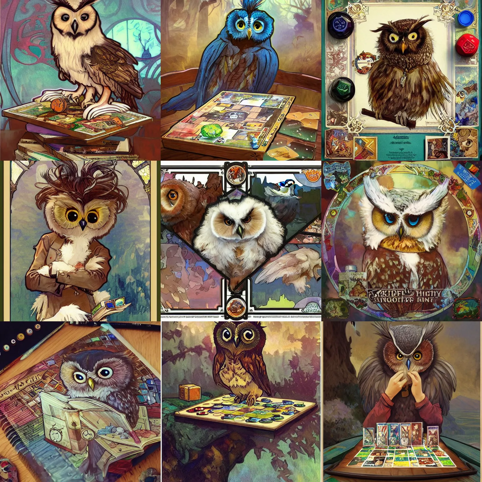 Prompt: board games on a table, with a cute fluffy owl, children's book, water color, D&D, fantasy, highly detailed, digital painting, artstation, concept art, matte, sharp focus, illustration, art by Ivan Gantschev Alphonse Mucha