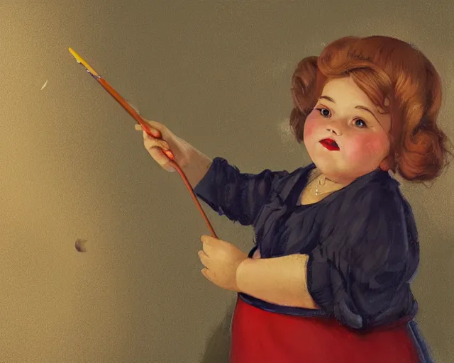 Image similar to very stylized old photo portrait of a fat sweet little girl painting a house on the wall, full body. long shot. beautiful hands, flowery cloth. subsurface scattering shiny skin. beautiful lighting, 4 k post - processing, trending in art station, cg society, highly detailed, 5 k extremely detailed, 3 d. cinematic scene. sharp details. bokeh