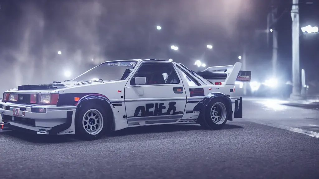 Prompt: a toyota ae 8 6 with pop up headlights, cinematic, long exposure, white balance, 8 k, led, lumen global illumination, fog, ray tracing reflections