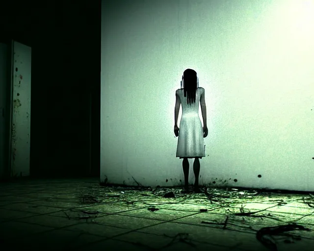 Prompt: creepy mangled woman wearing white dress standing in the backrooms, playable trailer, psychological horror, the eerie forlorn atmosphere of a place that's usually bustling with people but is now abandoned and quiet, buzzing fluorescent lights above the ceiling, unsettling images, liminal space, dark, silent hills, created by hideo kojima