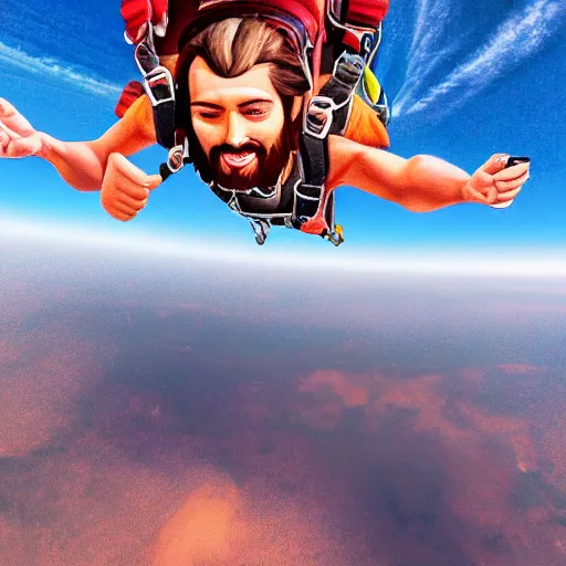 Prompt: a macro portrait of Jesus taking a selfie while skydiving, hyperdetailed, artstation, digital art, photorealism, accurate, 8k,