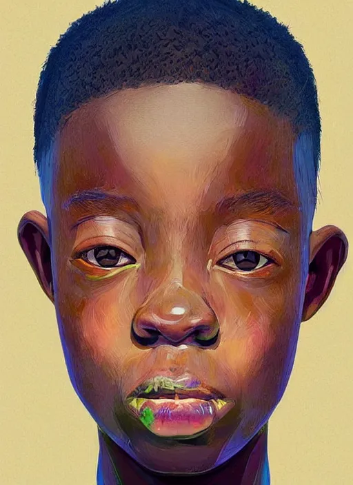 Prompt: colourful upper half portrait of an african boy with exaggerated features - art by aya takano & hsiao - ron cheng, highly detailed, digital painting, illustration, smooth, sharp focus, intricate, symmetry, pinterest, behance, artstation
