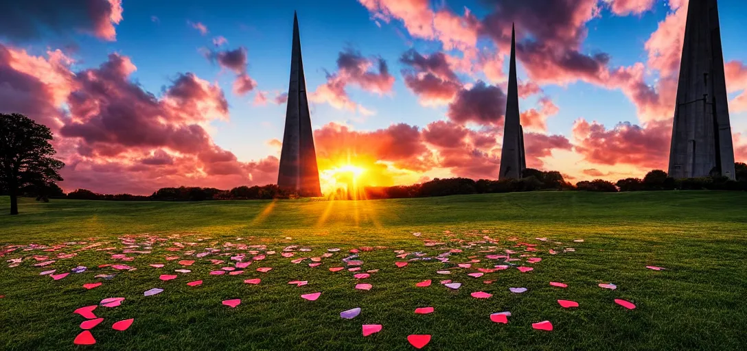 Prompt: a beautiful landscape at sunset with lines of love hearts dancing towards a central spire, nikon d 8 5 0, golden hour, god rays, cinematic lighting