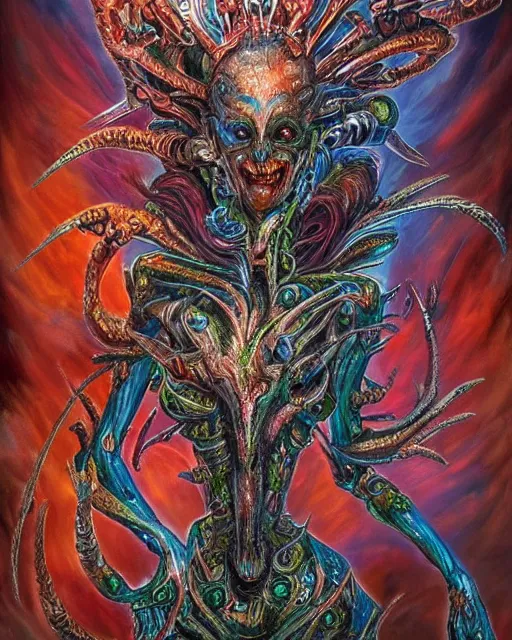 Image similar to silver mechanical charred bloody fleshmetal cyborg daemonhost woman psychedelic flamer of tzeentch with extra arms, blue and green rainbow fire, by antonio j. manzanedo, alex grey, android jones, wayne barlowe, philippe druillet, josephine wall, harumi hironaka, cronenburg, trending on artstation