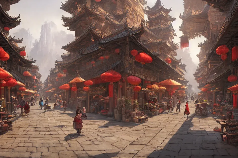 Image similar to an original game concept scene painting of an opulent marketplace street scene in chinese style ， super wide angle, magnificent and gorgeous atmosphere ， matte painting ， rtx on ， by moebius, neil blevins and jordan grimmer ， trending on cgsociety and artstation, unreal engine ， volumetric light ， surreal