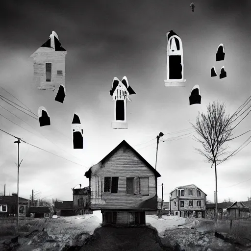 Image similar to A empty town full of ghostly children floating above the houses, photography, surrealism, dark, Crewdson, Gregory