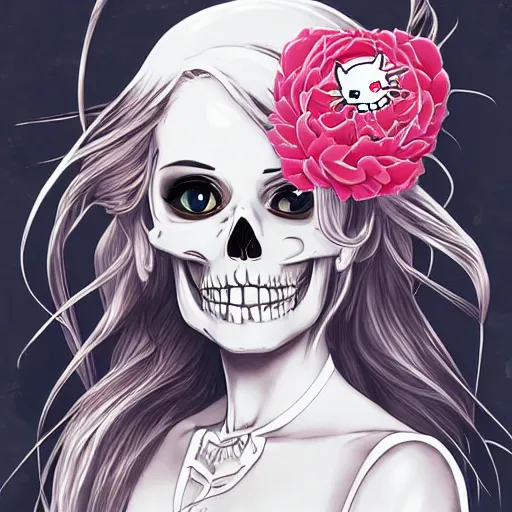 Image similar to anime manga skull portrait young woman skeleton, hello kitty, elegant, highly detailed, digital art, art by jc leyendecker and sachin teng