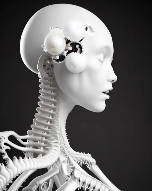 Prompt: white background, dreamy foggy elegant soft luminous bw profile face 3 d render of a beautiful young biomechanical - porcelain - female - cyborg with a delicate detailed mandelbrot fractal texture skin and a very long neck with gothic pearl embroidered collar, halo, white smoke atmosphere, rim light, hg giger, 8 k