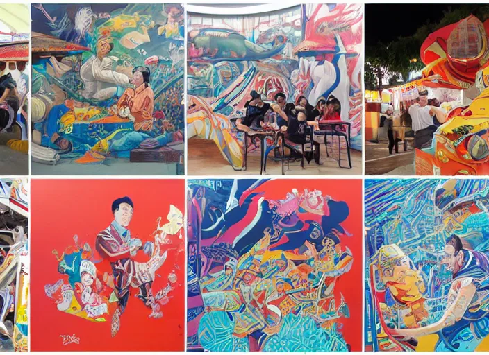 Prompt: Singapore prime ministers in a hawker centre, Tristan Eaton, victo ngai, artgerm, RHADS, ross draws