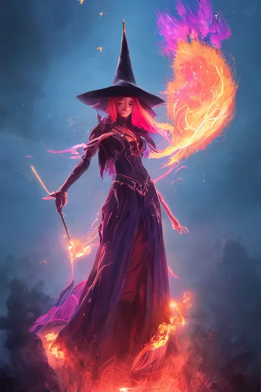 Prompt: a beautiful dark magician girl with a large witches hat covered in colourfull flames by Greg Rutkowski, Sung Choi, Mitchell Mohrhauser, Maciej Kuciara, Johnson Ting, Maxim Verehin, Peter Konig, final fantasy , mythical, 8k photorealistic, cinematic lighting, HD, high details, atmospheric,